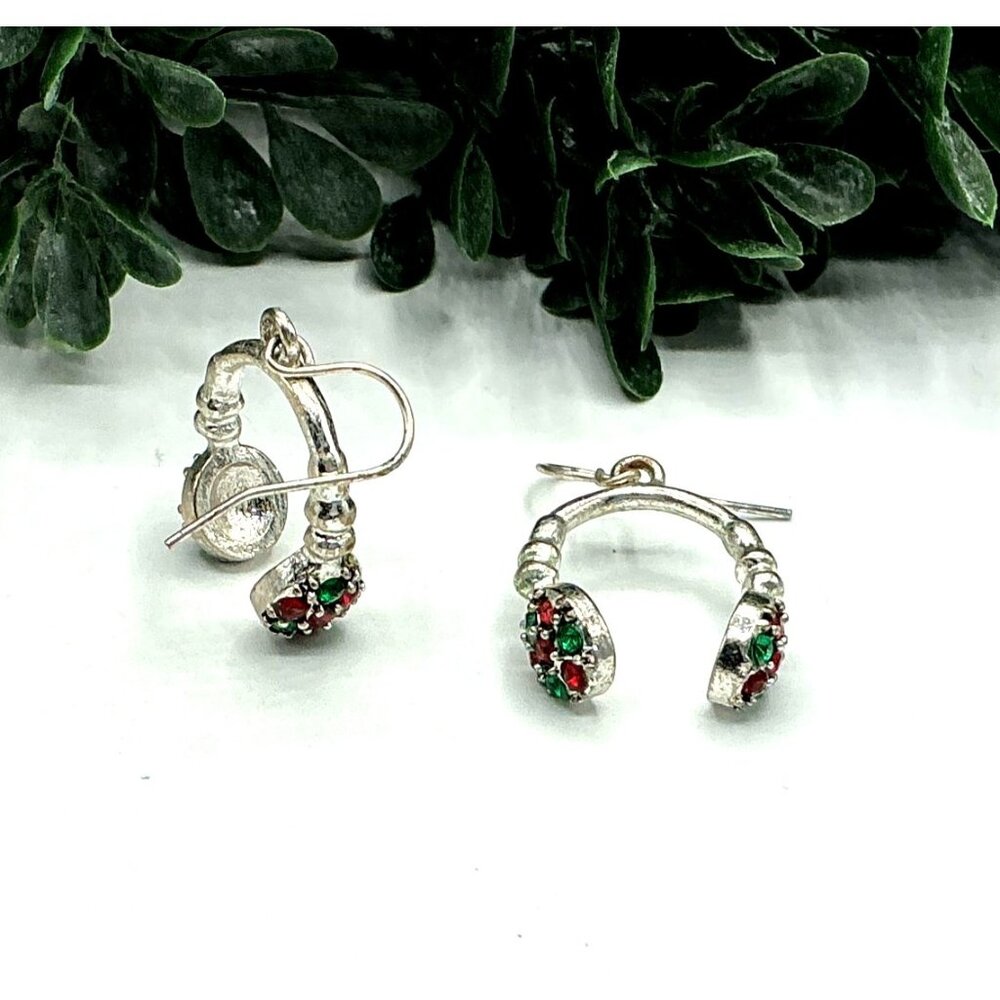 Silver Tone EarMuff Style Dangle Earrings With Red Green Gemstone Accents